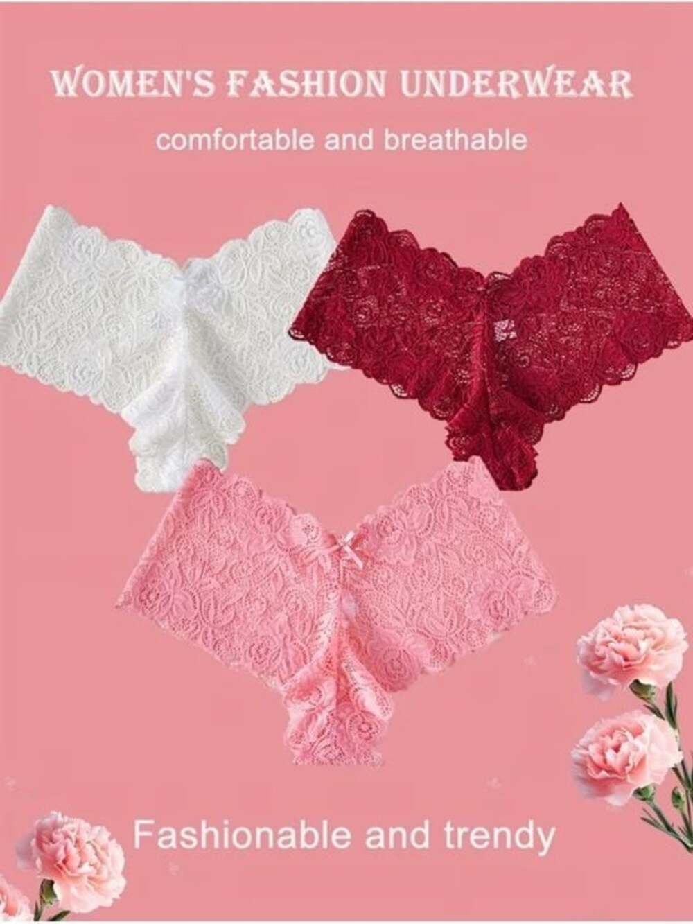 3 Lace Bikini Briefs - White, Burgundyw & Pink - Women's Intimates Size Medium - Picture 4 of 4
